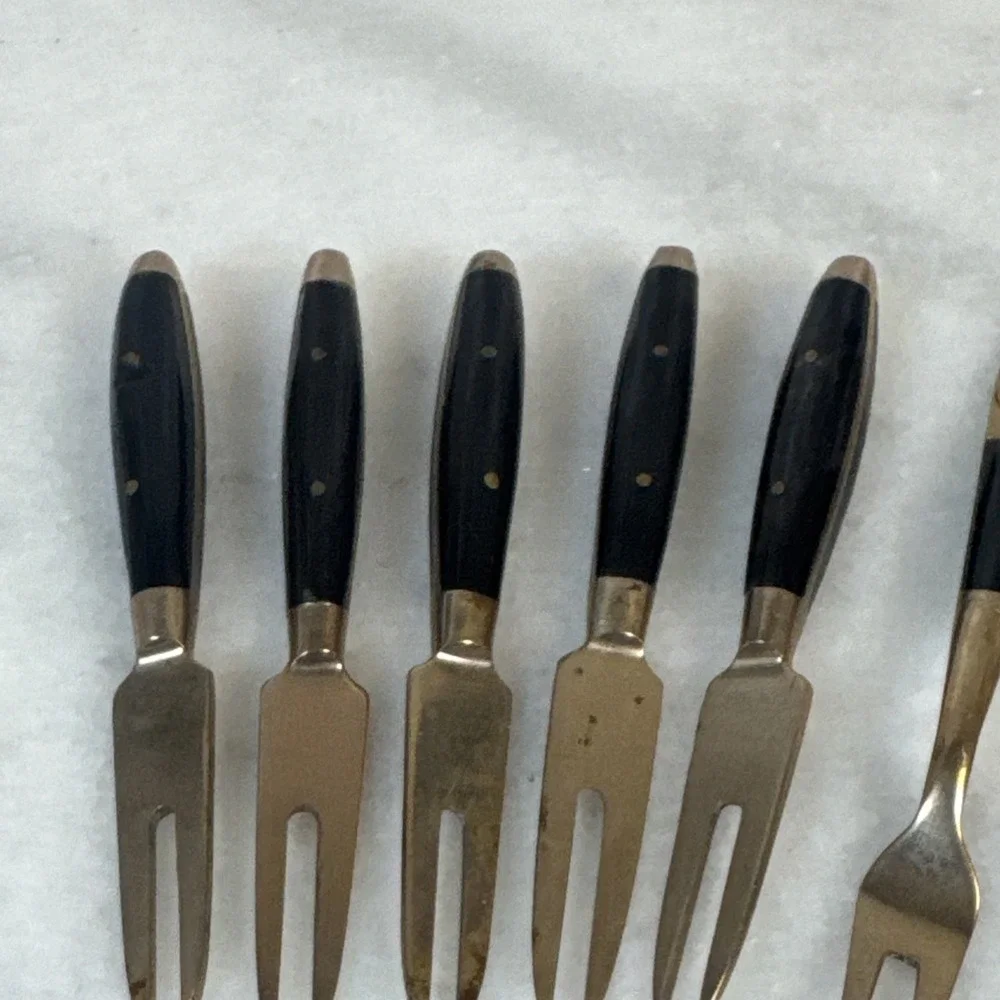 Vintage - SET of 6- Thailand BRASS & TEAKWOOD - Cocktail FORKS - 1960's